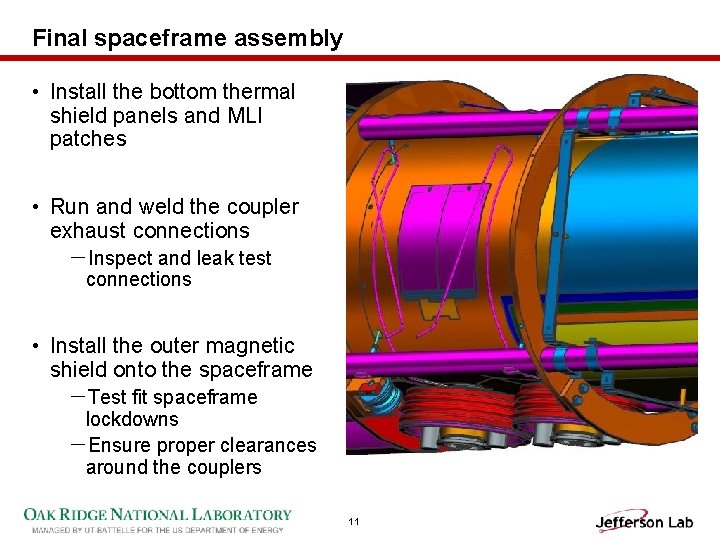 Final spaceframe assembly • Install the bottom thermal shield panels and MLI patches •