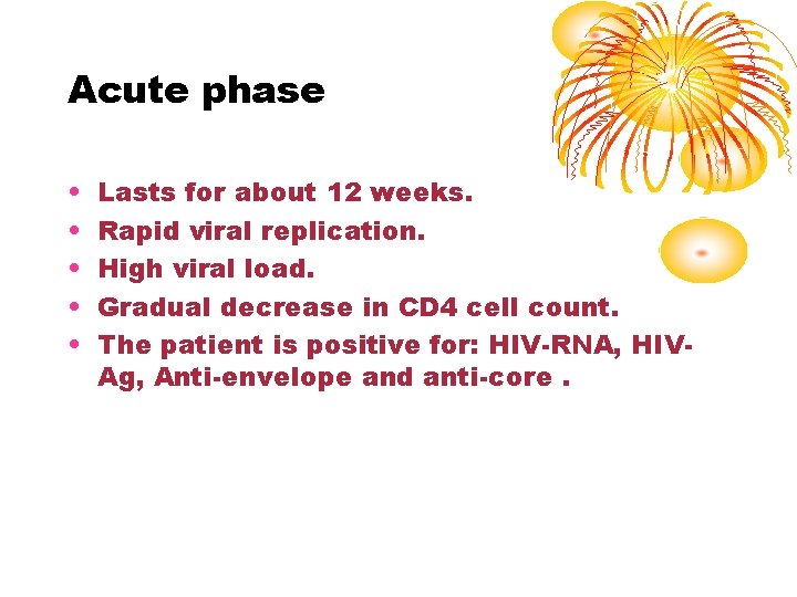 Acute phase • • • Lasts for about 12 weeks. Rapid viral replication. High