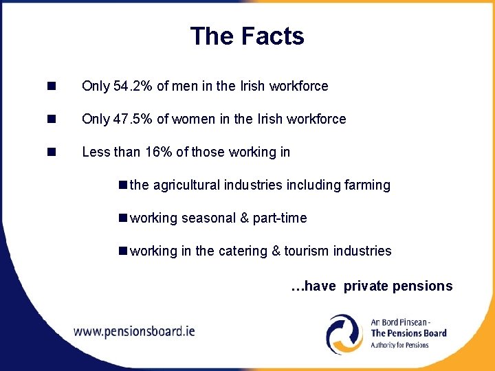 The Facts n Only 54. 2% of men in the Irish workforce n Only