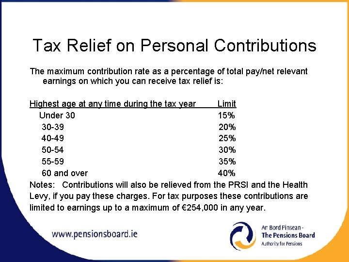 Tax Relief on Personal Contributions The maximum contribution rate as a percentage of total