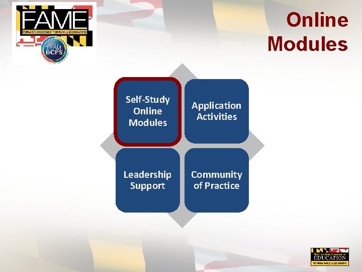 Online Modules Self-Study Online Modules Application Activities Leadership Support Community of Practice 