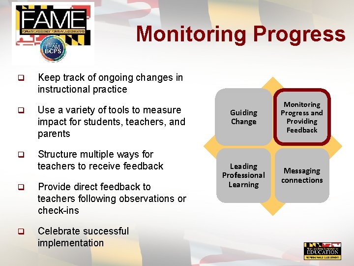 Monitoring Progress q Keep track of ongoing changes in instructional practice q Use a