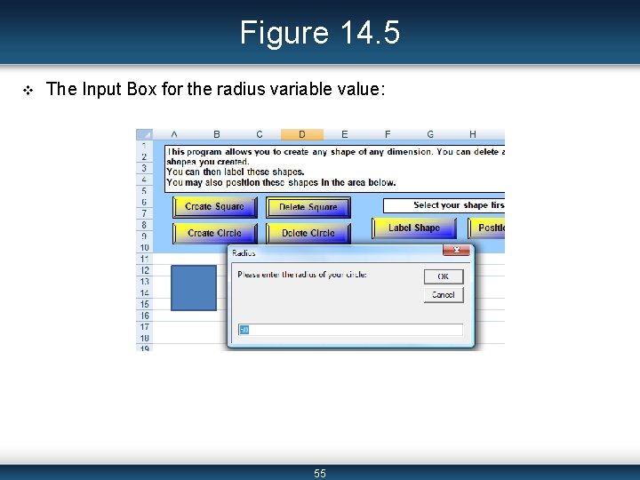 Figure 14. 5 v The Input Box for the radius variable value: 55 