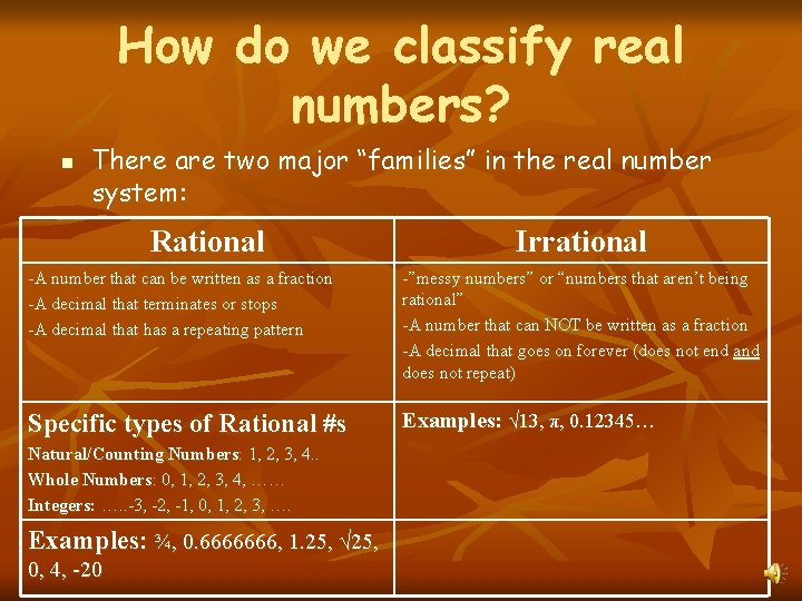 How do we classify real numbers? n There are two major “families” in the
