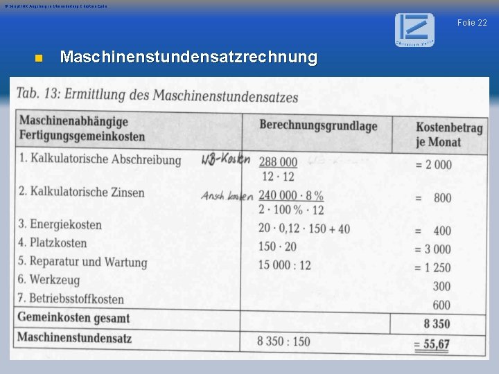 © Skript IHK Augsburg in Überarbeitung Christian Zerle Folie 22 n Maschinenstundensatzrechnung 