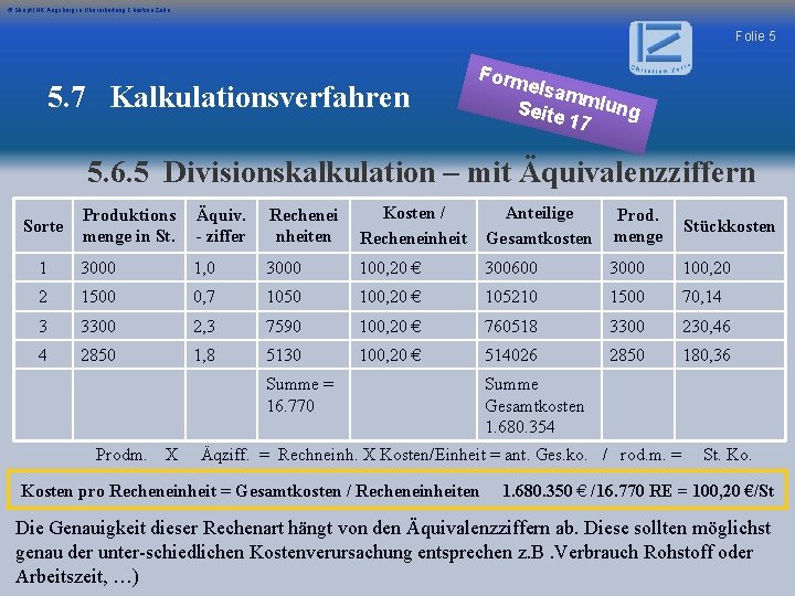 © Skript IHK Augsburg in Überarbeitung Christian Zerle Folie 5 5. 7 Kalkulationsverfahren Form
