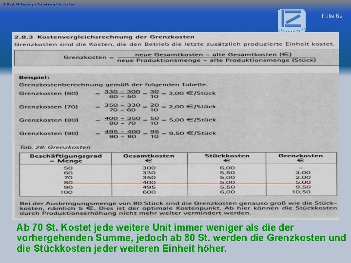 © Skript IHK Augsburg in Überarbeitung Christian Zerle Folie 62 Ab 70 St. Kostet