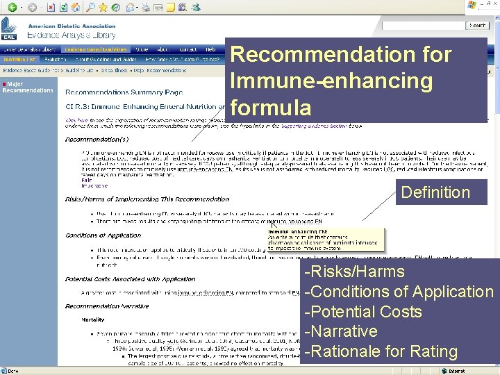 Recommendation for Immune-enhancing formula Definition -Risks/Harms -Conditions of Application -Potential Costs -Narrative -Rationale for