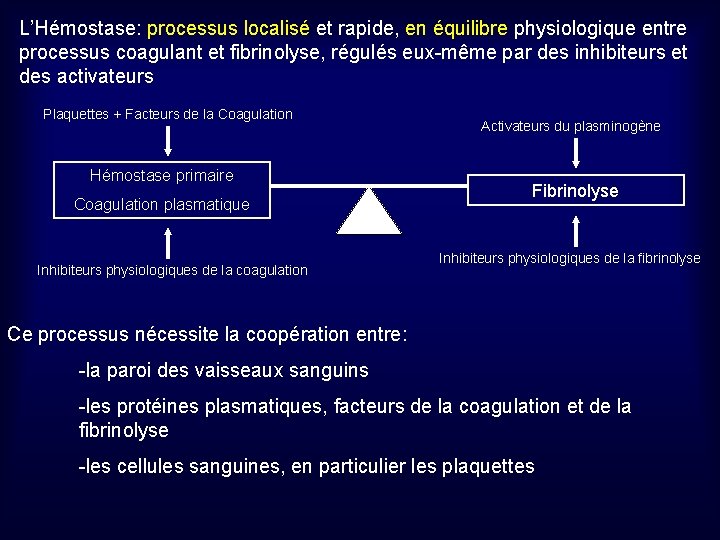 L’Hémostase: processus localisé et rapide, en équilibre physiologique entre processus coagulant et fibrinolyse, régulés