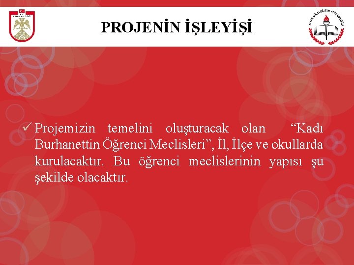 PROJENİN İŞLEYİŞİ ü Projemizin temelini oluşturacak olan “Kadı Burhanettin Öğrenci Meclisleri”, İlçe ve okullarda