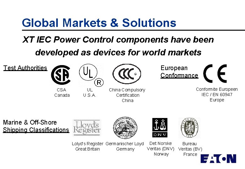 Global Markets & Solutions XT IEC Power Control components have been developed as devices