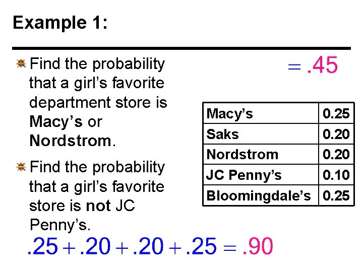 Example 1: Find the probability that a girl’s favorite department store is Macy’s or