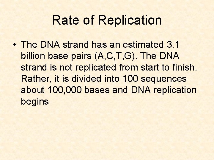 Rate of Replication • The DNA strand has an estimated 3. 1 billion base