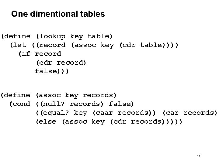 One dimentional tables (define (lookup key table) (let ((record (assoc key (cdr table)))) (if One dimentional tables (define (lookup key table) (let ((record (assoc key (cdr table)))) (if