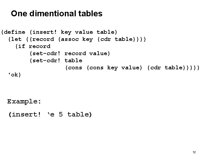 One dimentional tables (define (insert! key value table) (let ((record (assoc key (cdr table)))) One dimentional tables (define (insert! key value table) (let ((record (assoc key (cdr table))))