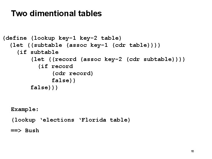 Two dimentional tables (define (lookup key-1 key-2 table) (let ((subtable (assoc key-1 (cdr table)))) Two dimentional tables (define (lookup key-1 key-2 table) (let ((subtable (assoc key-1 (cdr table))))