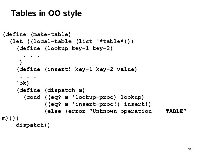 Tables in OO style (define (make-table) (let ((local-table (list '*table*))) (define (lookup key-1 key-2). Tables in OO style (define (make-table) (let ((local-table (list '*table*))) (define (lookup key-1 key-2).