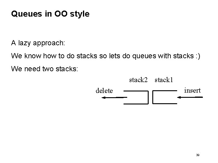 Queues in OO style A lazy approach: We know how to do stacks so Queues in OO style A lazy approach: We know how to do stacks so