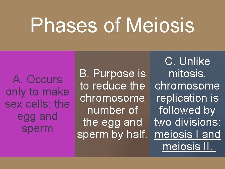 Phases of Meiosis B. Purpose is A. Occurs to reduce the only to make
