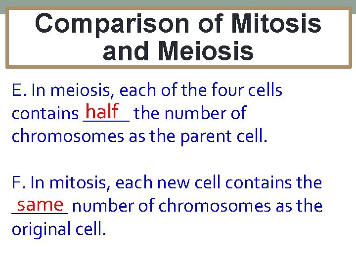 Comparison of Mitosis and Meiosis E. In meiosis, each of the four cells half