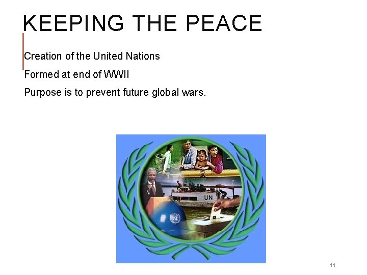 KEEPING THE PEACE Creation of the United Nations Formed at end of WWII Purpose KEEPING THE PEACE Creation of the United Nations Formed at end of WWII Purpose
