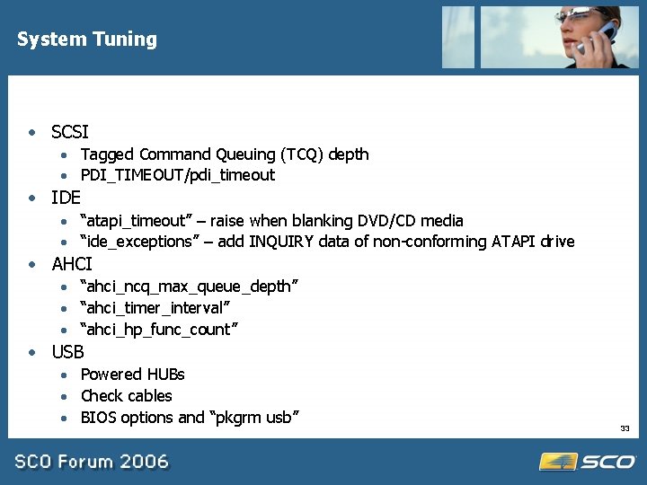 System Tuning · SCSI · Tagged Command Queuing (TCQ) depth · PDI_TIMEOUT/pdi_timeout · IDE