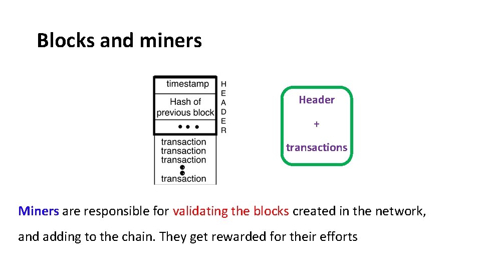 Blocks and miners Header + transactions Miners are responsible for validating the blocks created