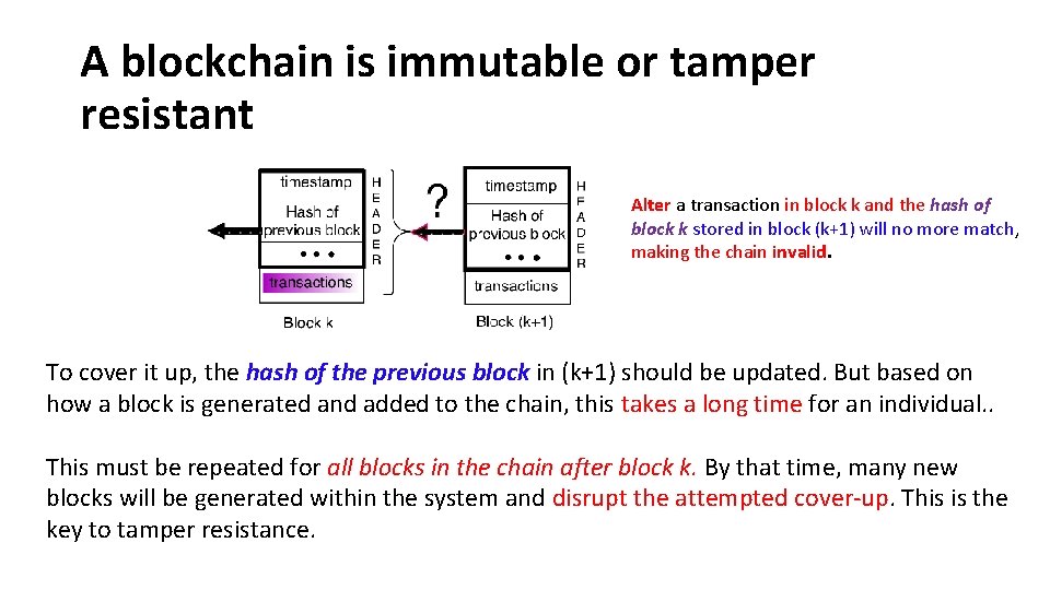 A blockchain is immutable or tamper resistant Alter a transaction in block k and