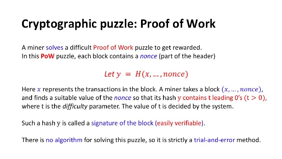 Cryptographic puzzle: Proof of Work 