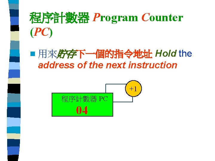 程序計數器 Program Counter (PC) Hold the address of the next instruction n 用來貯存下一個的指令地址 +1