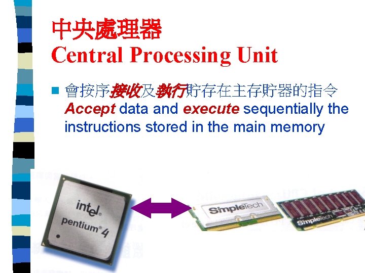 中央處理器 Central Processing Unit n 會按序接收及執行貯存在主存貯器的指令 Accept data and execute sequentially the instructions stored