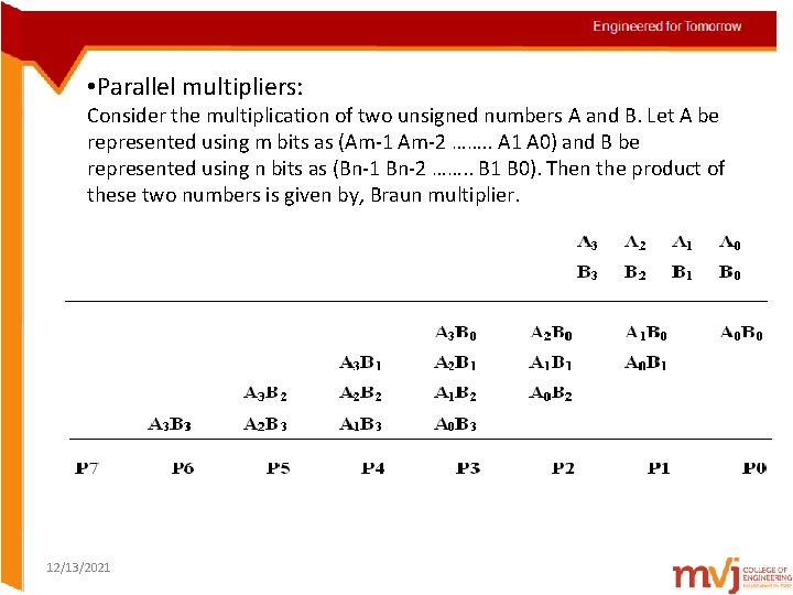  • Parallel multipliers: Consider the multiplication of two unsigned numbers A and B.