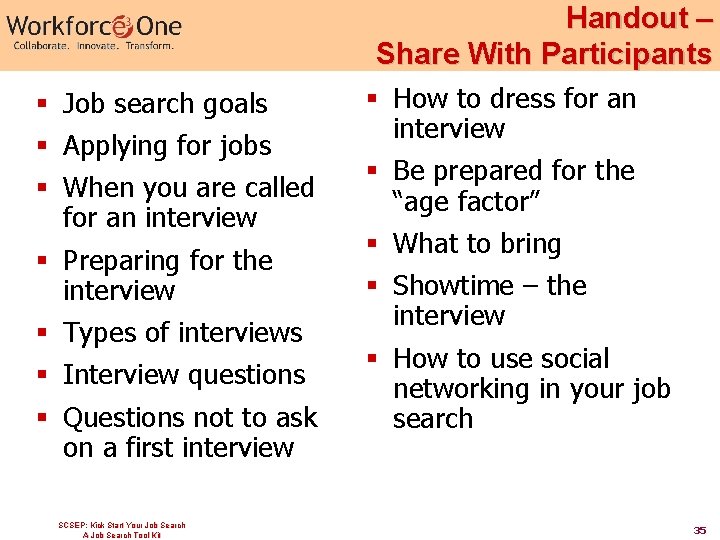 Handout – Share With Participants § Job search goals § Applying for jobs §