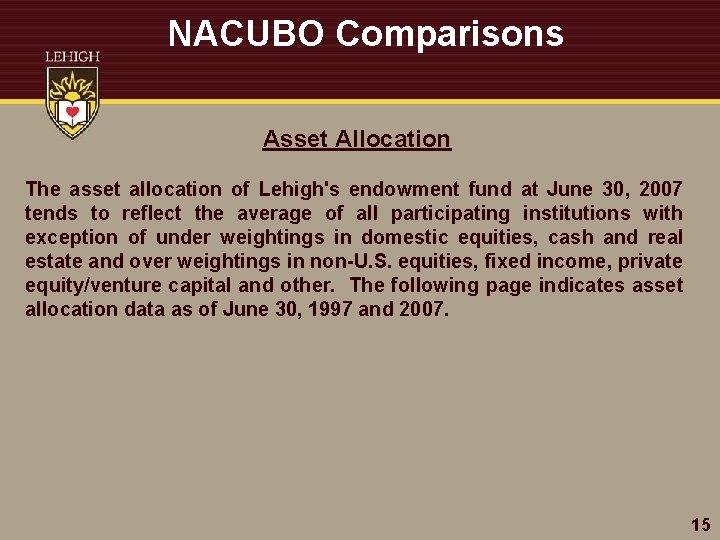 NACUBO Comparisons Asset Allocation The asset allocation of Lehigh's endowment fund at June 30,