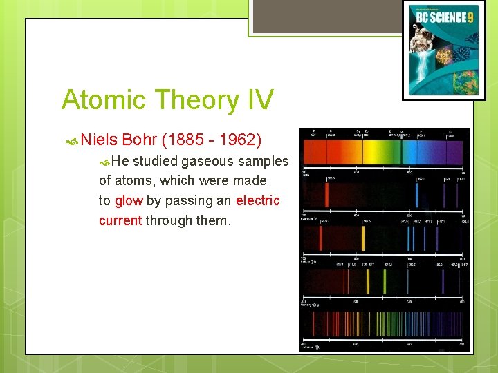 Atomic Theory IV Niels Bohr (1885 - 1962) He studied gaseous samples of atoms,