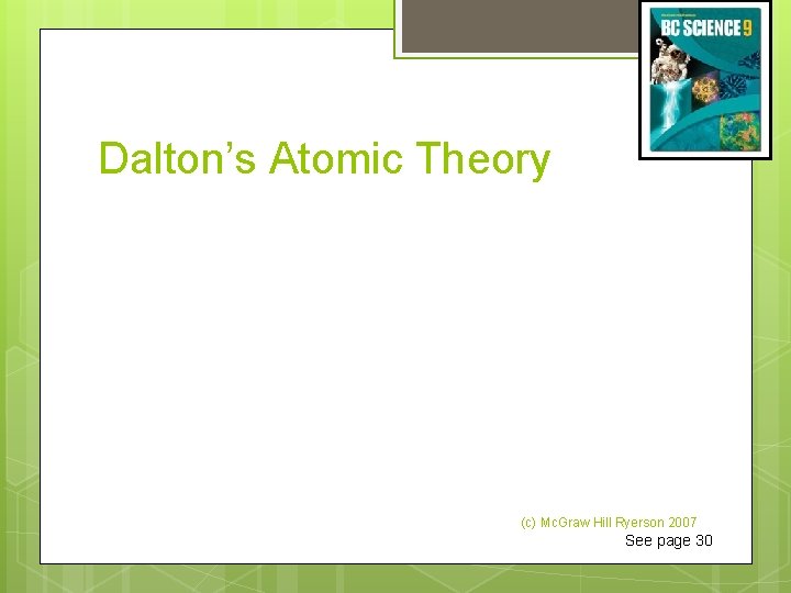 Dalton’s Atomic Theory (c) Mc. Graw Hill Ryerson 2007 See page 30 