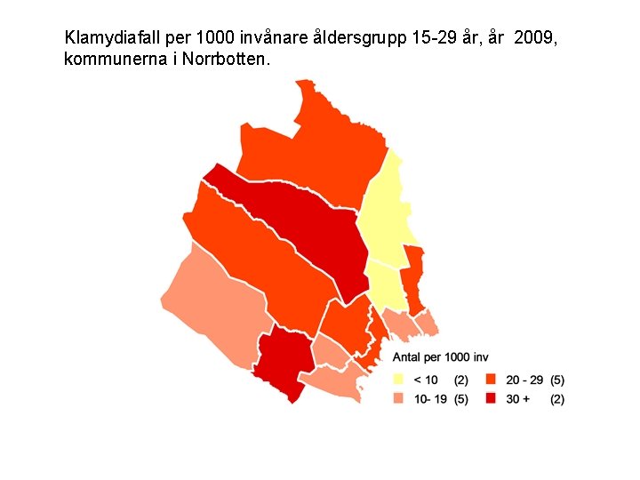 Klamydiafall per 1000 invånare åldersgrupp 15 -29 år, år 2009, kommunerna i Norrbotten. 