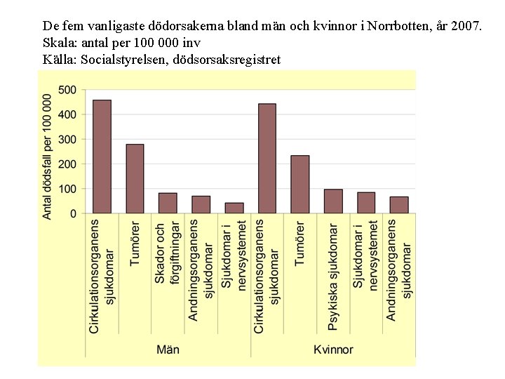 De fem vanligaste dödorsakerna bland män och kvinnor i Norrbotten, år 2007. Skala: antal