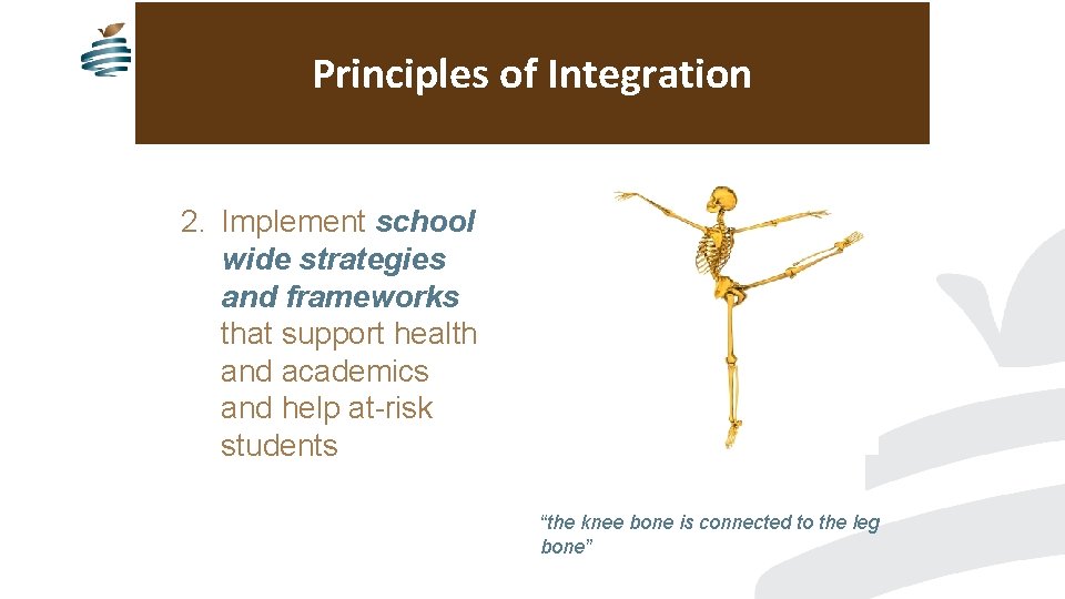 Principles of Integration 2. Implement school wide strategies and frameworks that support health and