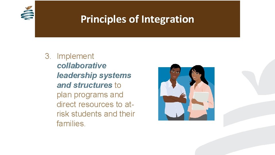 Principles of Integration 3. Implement collaborative leadership systems and structures to plan programs and