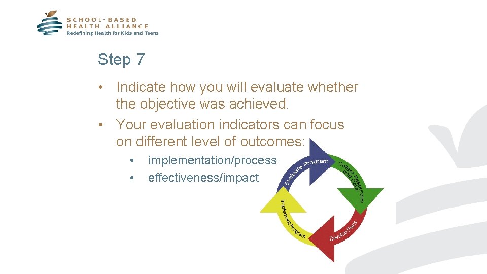 Step 7 • Indicate how you will evaluate whether the objective was achieved. •