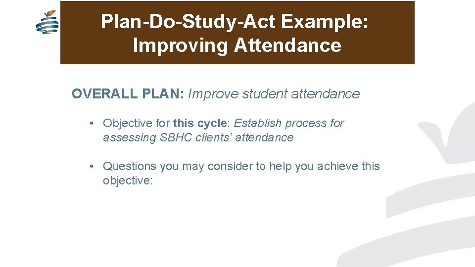 Plan-Do-Study-Act Example: Improving Attendance OVERALL PLAN: Improve student attendance • Objective for this cycle: