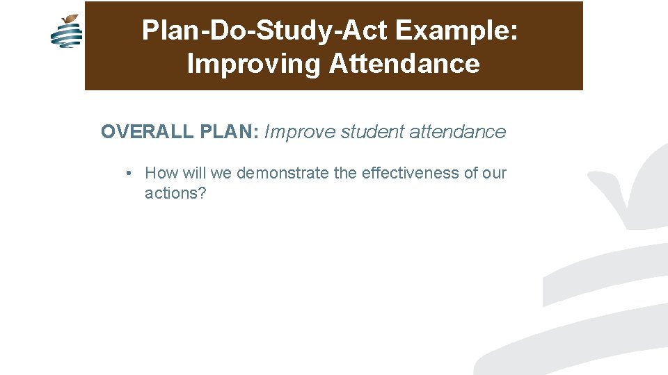 Plan-Do-Study-Act Example: Improving Attendance OVERALL PLAN: Improve student attendance • How will we demonstrate