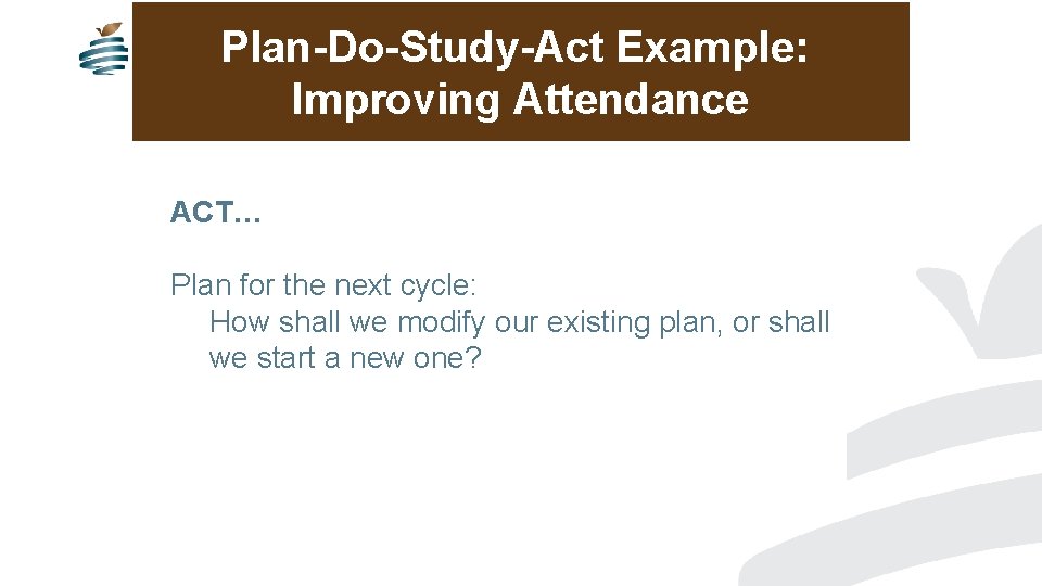 Plan-Do-Study-Act Example: Improving Attendance ACT… Plan for the next cycle: How shall we modify