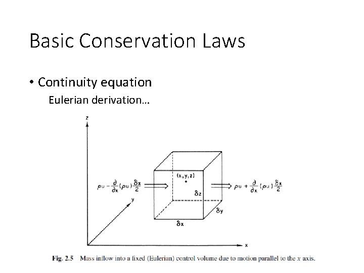 Basic Conservation Laws • Continuity equation Eulerian derivation… 