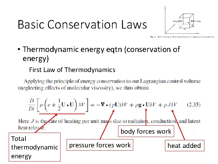 Basic Conservation Laws • Thermodynamic energy eqtn (conservation of energy) First Law of Thermodynamics