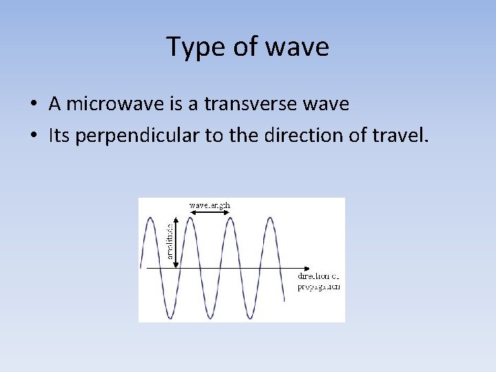 Type of wave • A microwave is a transverse wave • Its perpendicular to
