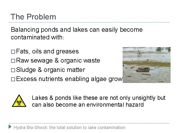 The Problem Balancing ponds and lakes can easily become contaminated with: � Fats, oils