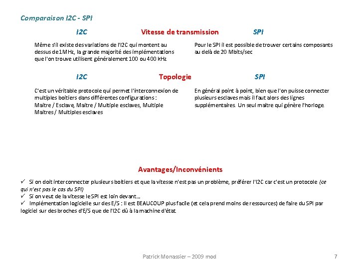 Comparaison I 2 C - SPI I 2 C Vitesse de transmission Même s'il