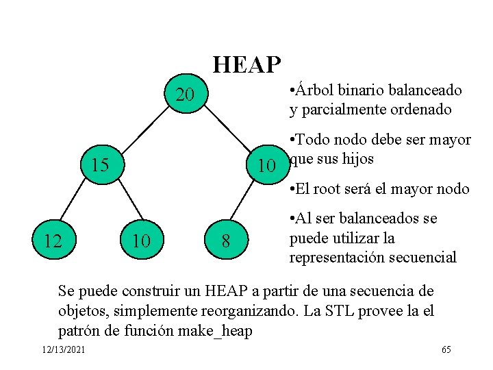 HEAP • Árbol binario balanceado y parcialmente ordenado 20 • Todo nodo debe ser